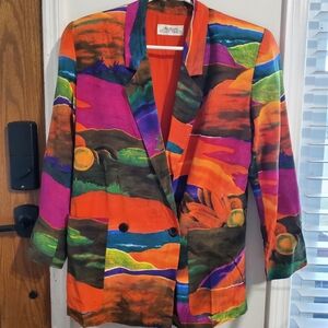 Vintage Ellen Tracy Silk Blazer Abstract Art Print Double Breasted 90s Silk